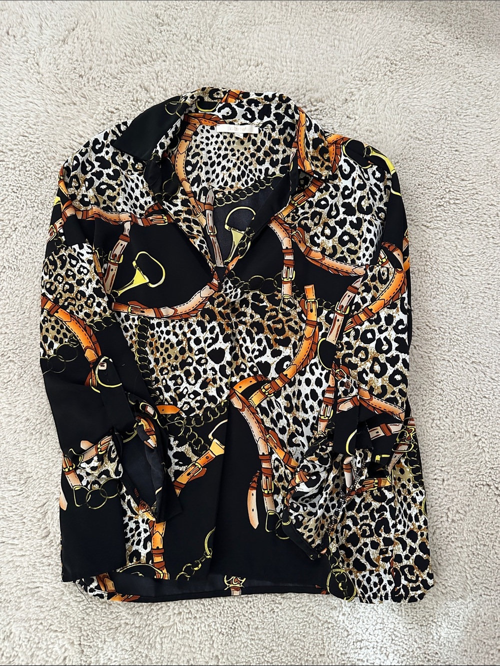 Black & Leopard Print Belt-Chain Button-Up Blouse